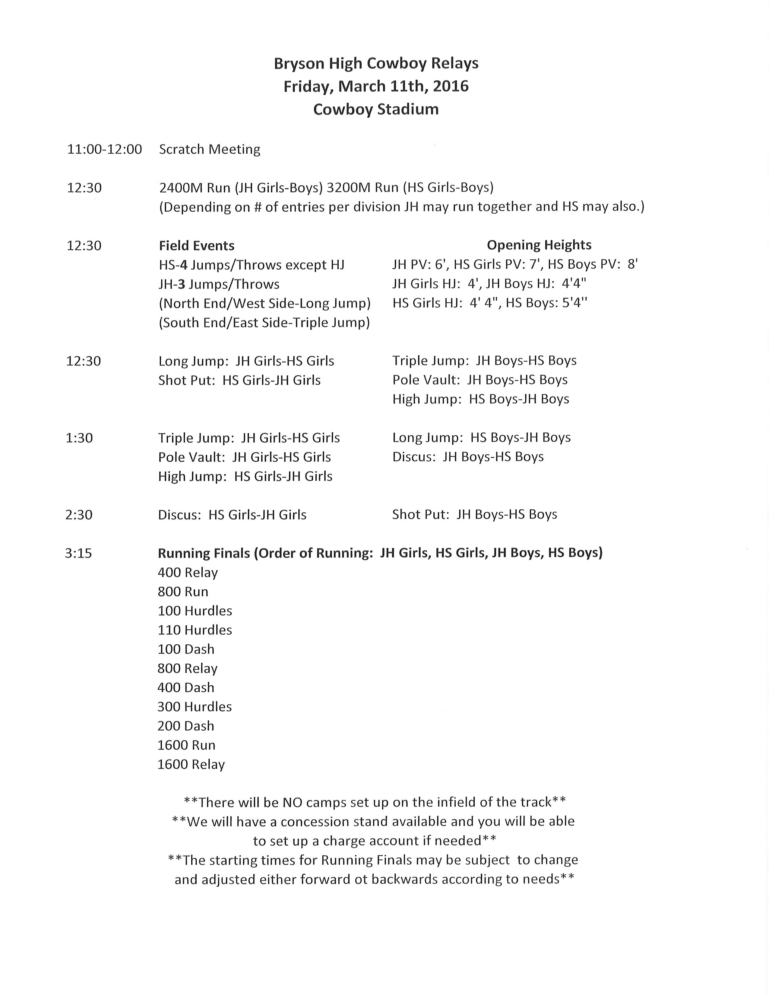 Bryson ISD Schedule for Track Meet Events